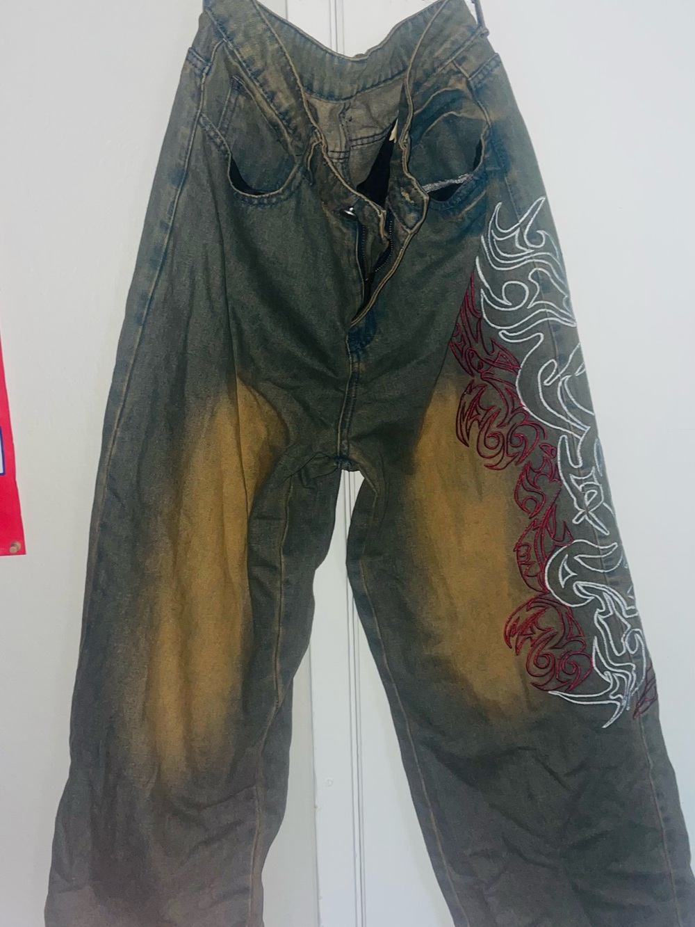 Ag Adriano Goldschmied Black Washed Jeans with Red & White Embroidery